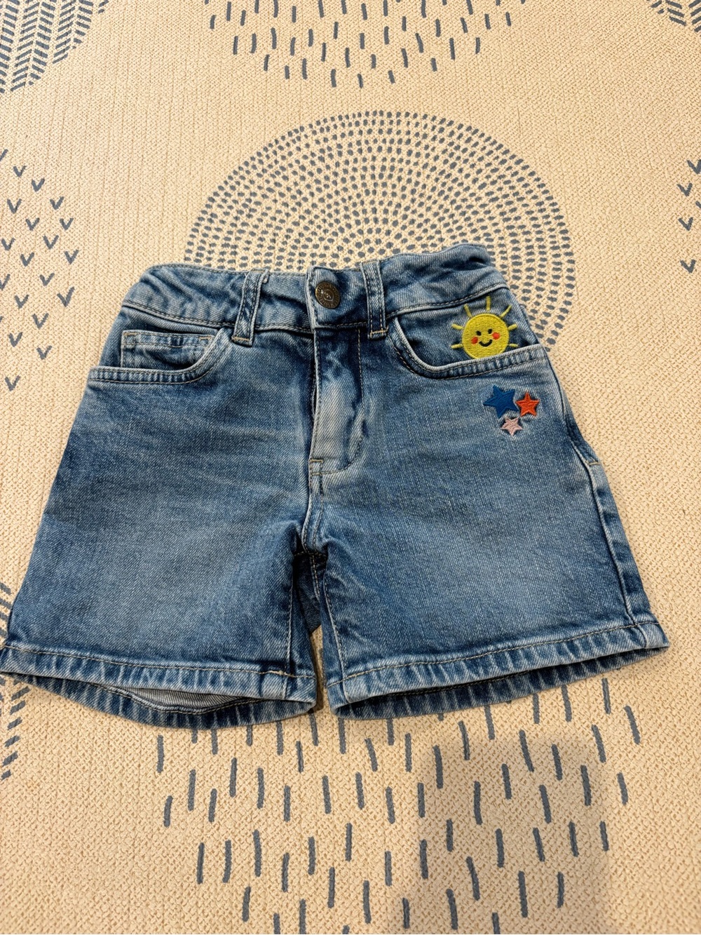 Mini Boden Denim Shorts with Sun, Star, Rainbow, Cloud Embroidered Patches